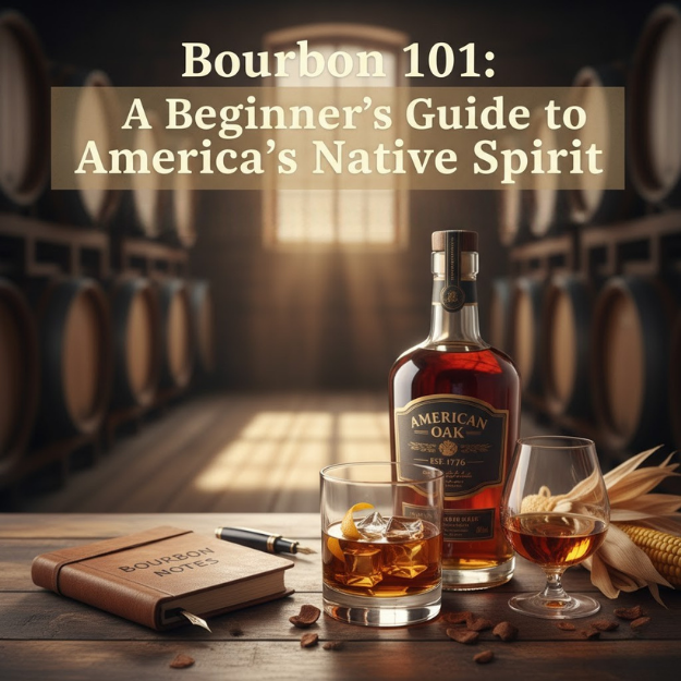 two glasses and a bottle of bourbon in a barrel room