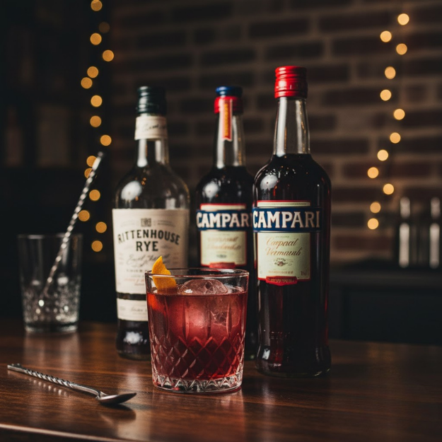 Bottles of Rittenhouse Rye and Campari with a cocktail on a wooden surface.