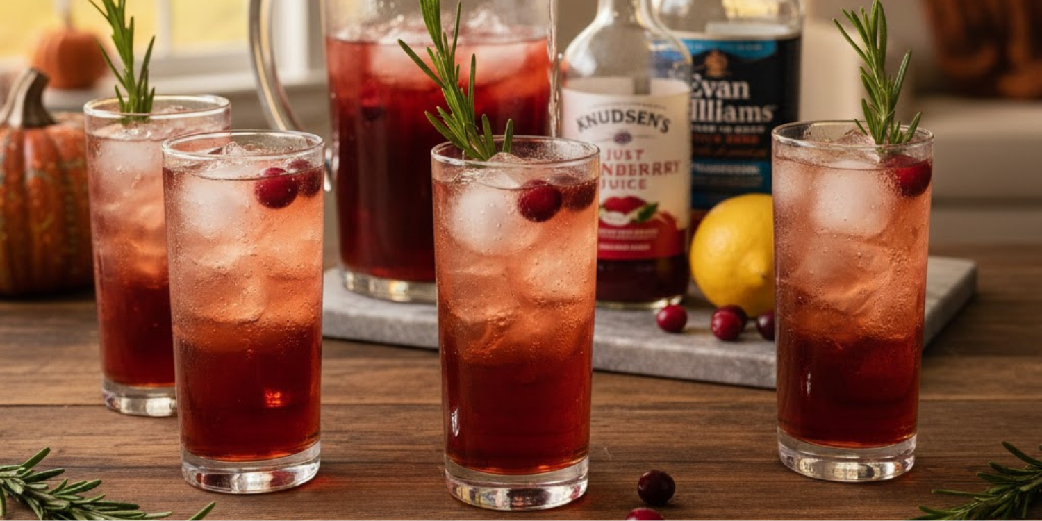 Red cocktails with ice and garnishes on a wooden table with bottles in the background