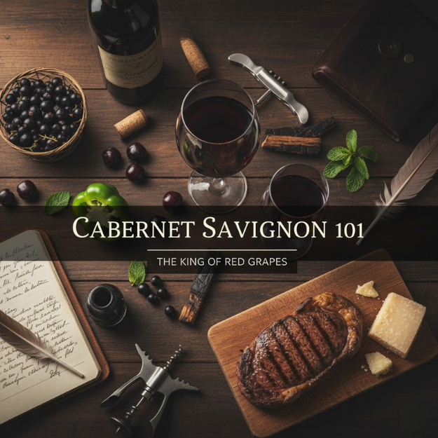 Wine tasting setup with a glass of red wine, grapes, and charcuterie on a wooden table.