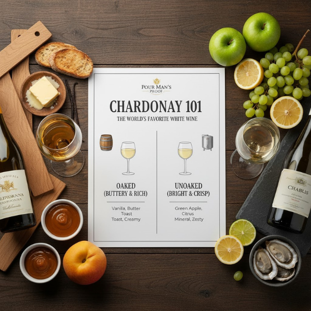 Wine tasting setup with Chardonnay 101 guide, wine glasses, and fruits on a wooden table.
