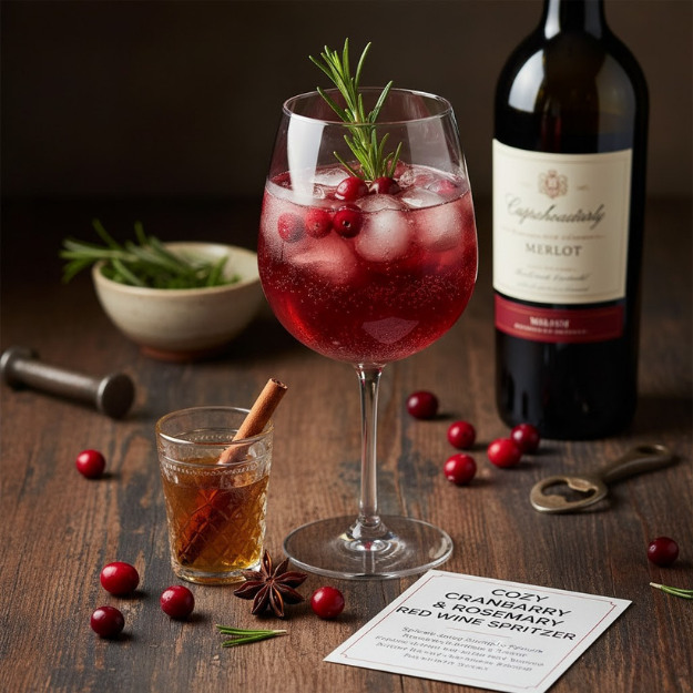 Wine glass with red wine spritzer, bottle of Merlot, and ingredients on a wooden table.