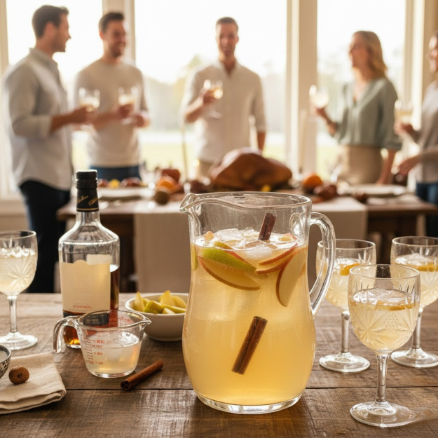 Table setting with a pitcher of apple cider, bottles, and glasses with people in the background.