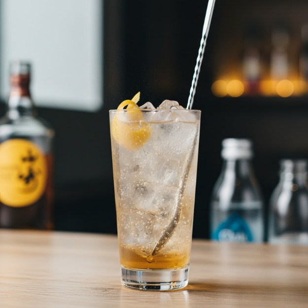 Cocktail with lemon twist and ice in a glass on a bar counter, with bottles in the background.