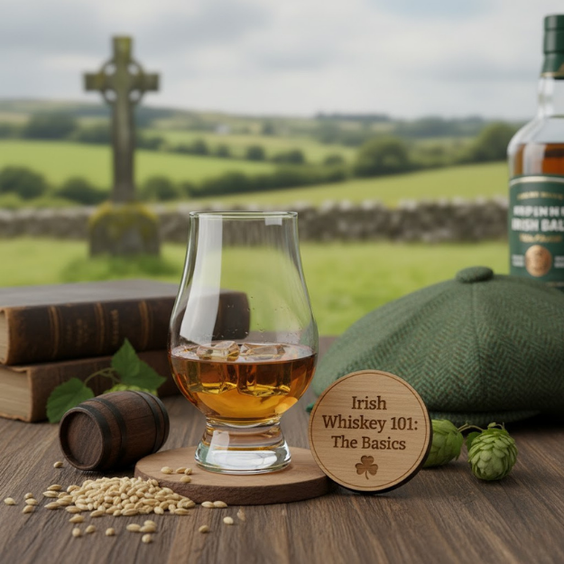 Glass of whiskey on a wooden coaster with a scenic background, books, and a bottle of whiskey.