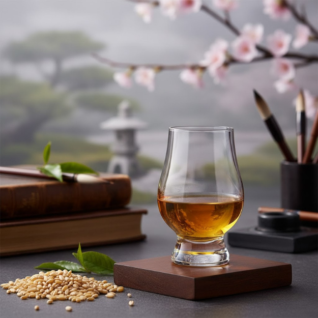 Glass of Japanese whisky on a wooden coaster with cherry blossoms and books in the background