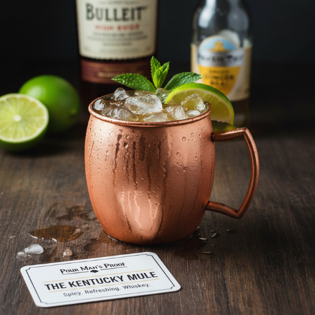 Copper mug with a cocktail garnished with lime and mint, surrounded by ingredients on a wooden surface.