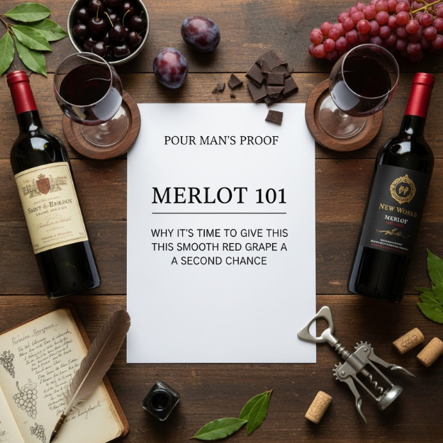 Wine bottles, glasses, and a paper on a wooden table with grapes and chocolate.