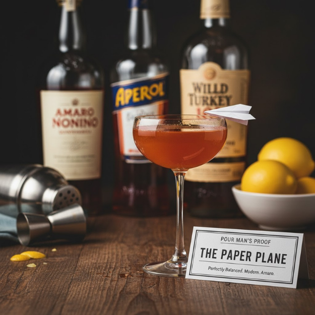 Cocktail glass with a red drink, garnished with a paper plane, surrounded by bottles and lemons on a wooden surface.