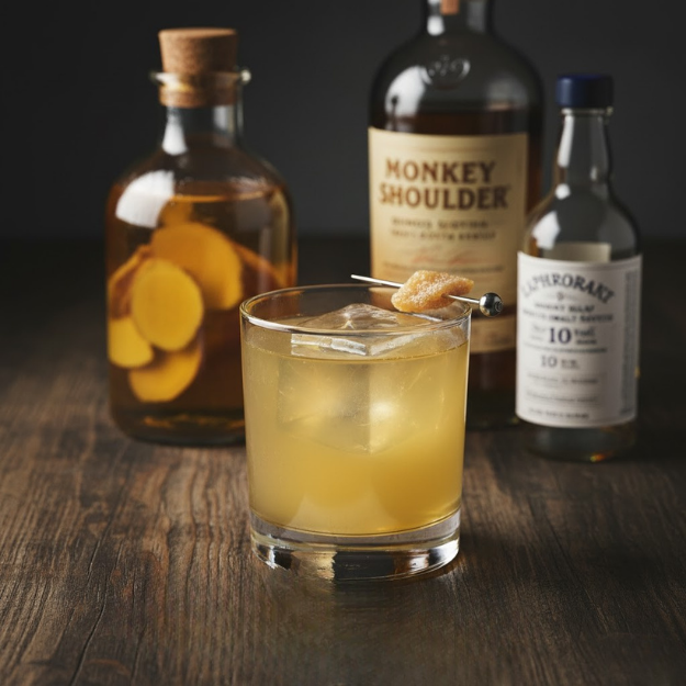Glass of yellow cocktail with ice cubes, garnished with a lemon peel, surrounded by bottles on a wooden surface.