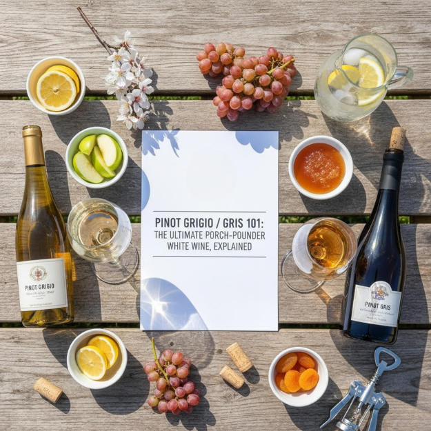 Wine bottles, glasses, and snacks on a wooden table with a 'Pinot Grigio' informational card.