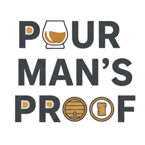 Logo for 'Pour Man's Proof' with a glass, barrel, and cork on a white background