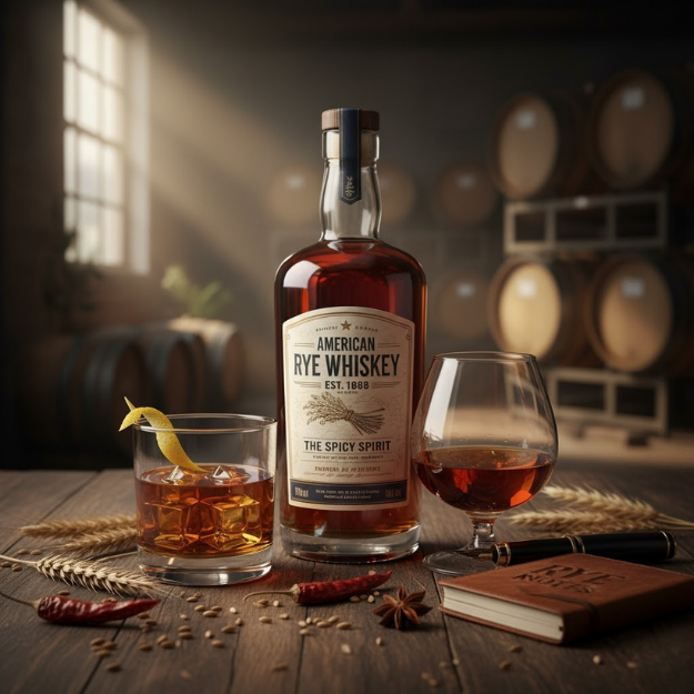 American Rye Whiskey bottle with glasses and ingredients on a wooden surface, barrels in the background