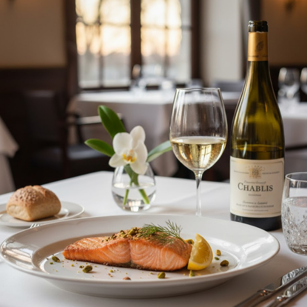 Salmon dish with a glass of white wine and a bottle of Chablis in a restaurant setting.
