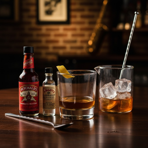 Two glasses of whiskey with ice and a bottle of Peychals' Cardamom Bitters on a wooden surface.