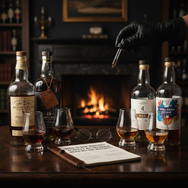 Whiskey tasting setup with bottles, glasses, and a fireplace in the background