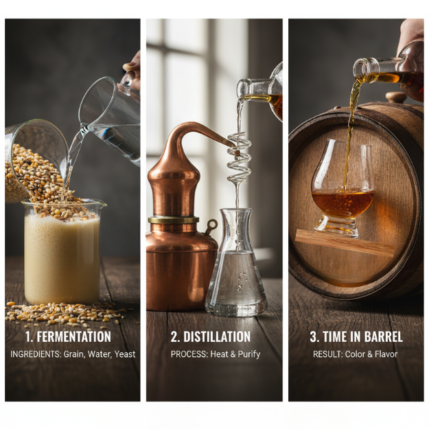Three stages of whiskey production: fermentation, distillation, and aging in a barrel.