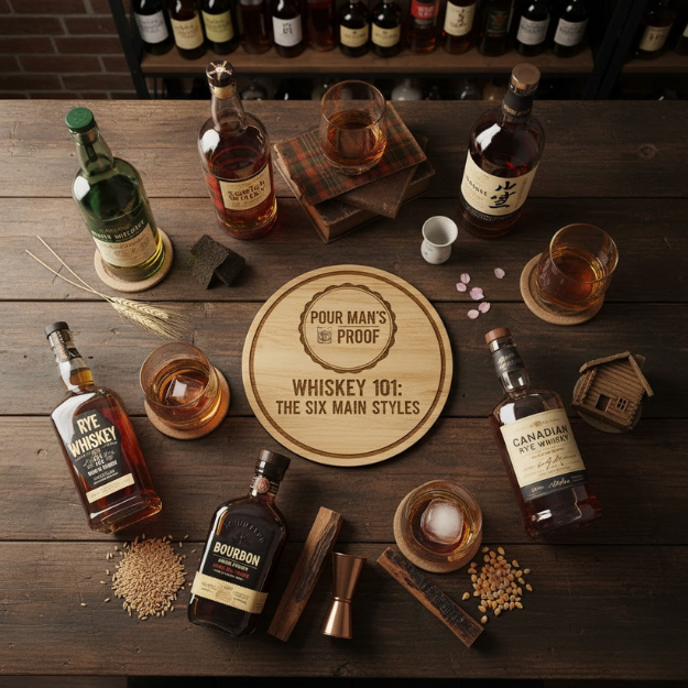 Table with whiskey bottles and glasses on a wooden surface, featuring a 'Pour Man's Proof' sign.