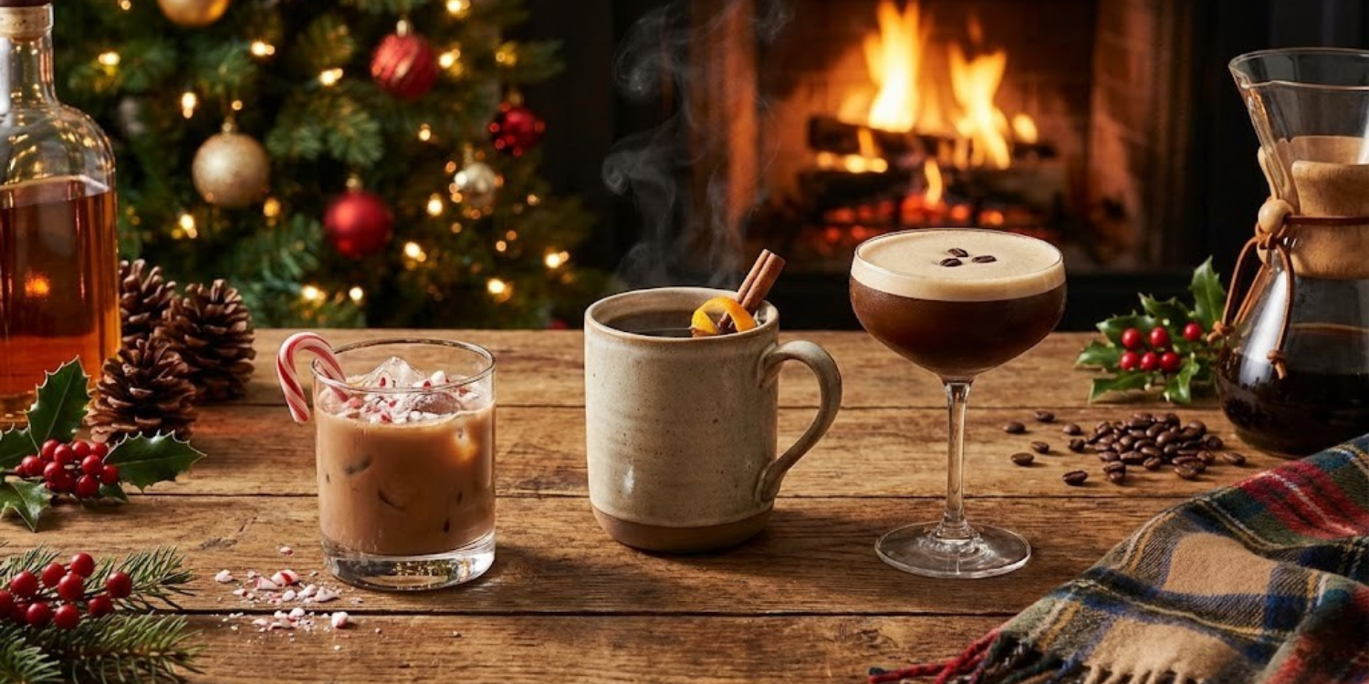 Hot whiskey and coffee beverages on a wooden table with a Christmas tree and fireplace in the background