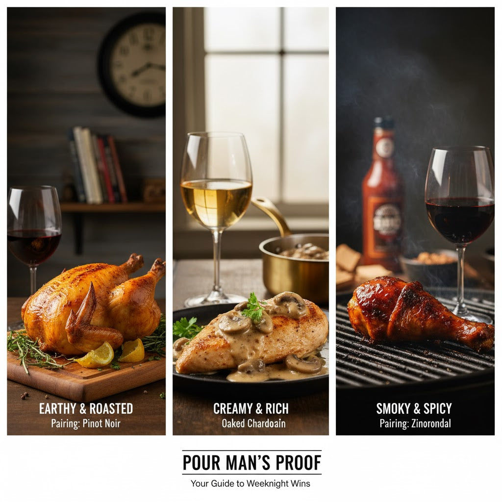 Three images of roasted meats with wine pairings and descriptions.
