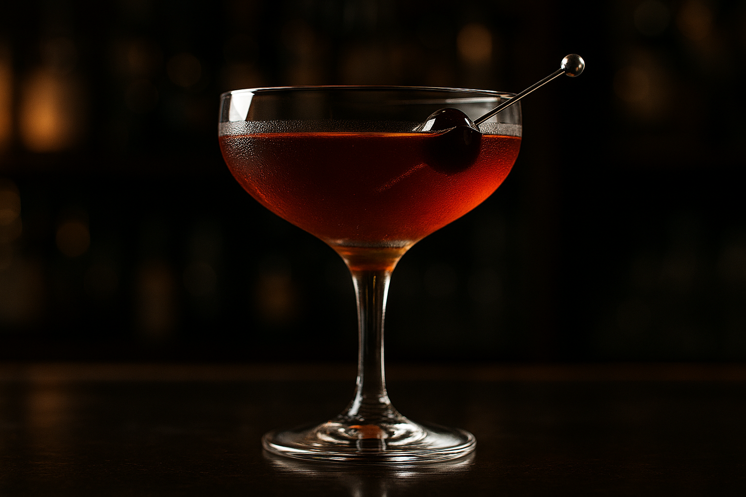 Red cocktail in a glass with a cherry on a dark background