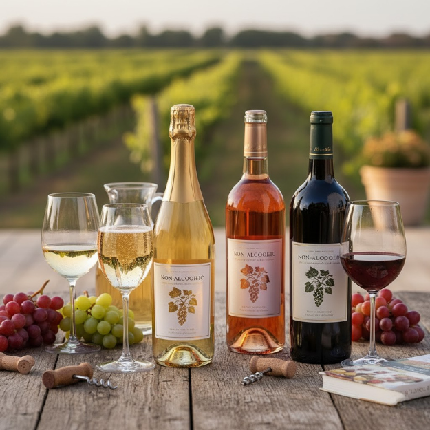 Three bottles of non-alcoholic wine with glasses and grapes on a wooden table in a vineyard setting.