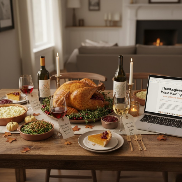 Thanksgiving dinner setup with roasted turkey, pie, and wine in a cozy living room.